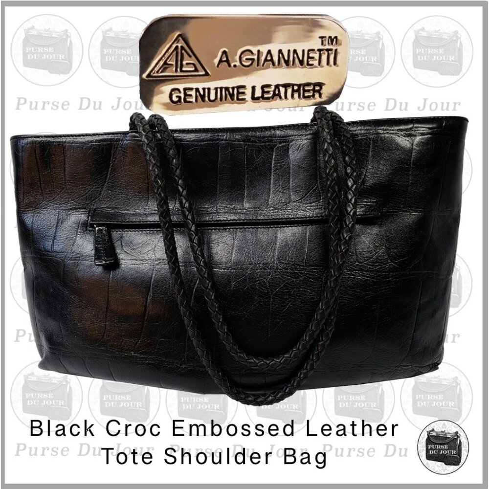 💲⬇️A.Giannetti Black Croc Embossed Leather Shoulder Tote 3 Comp Braided Handles